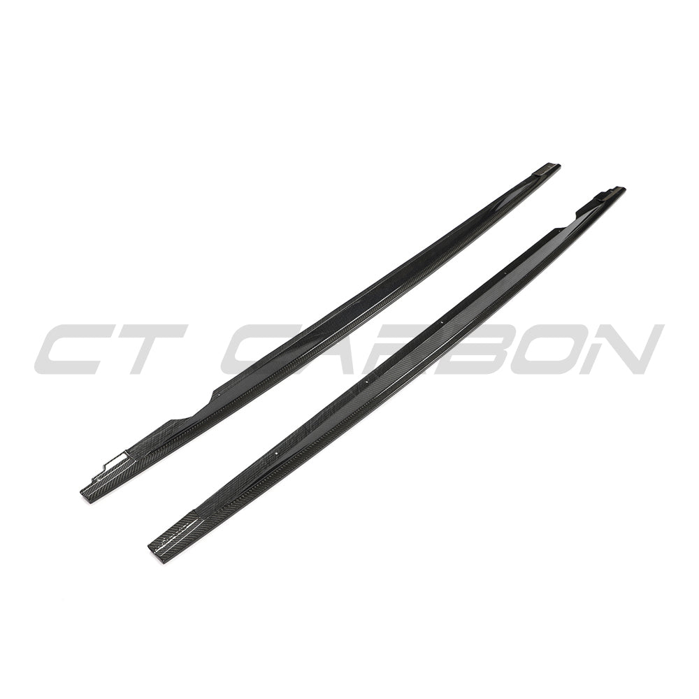 Carbon fiber side skirts for VW Golf MK8/MK8.5 R 2020+ by CT Carbon, showcasing sleek design and high-quality material.