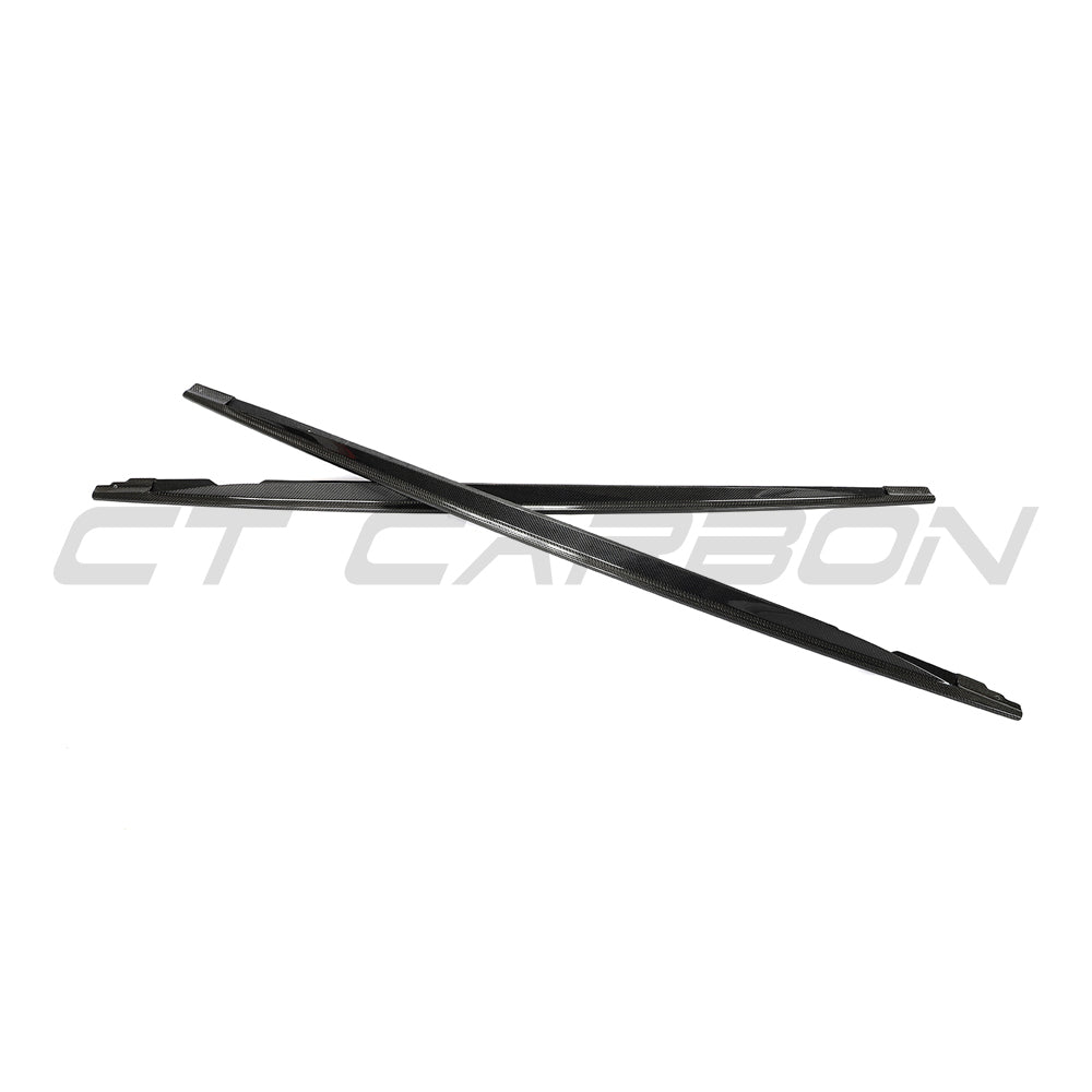Carbon fiber side skirts for VW Golf MK8/MK8.5 R 2020+ by CT Carbon, showcasing sleek, aerodynamic design and textured finish.