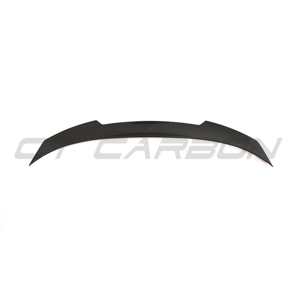 BMW G87 M2 and G42 2 Series carbon fibre spoiler by CT Carbon, V3 design, shown on a sporty car.