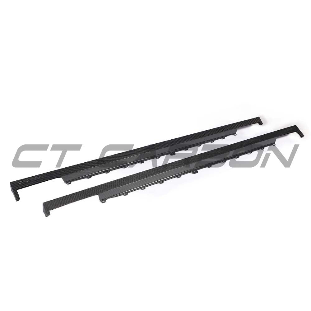 Full car carbon fiber kit for Audi RS6 C8 by CT Carbon, showing close-up of the sleek, glossy carbon fiber components.