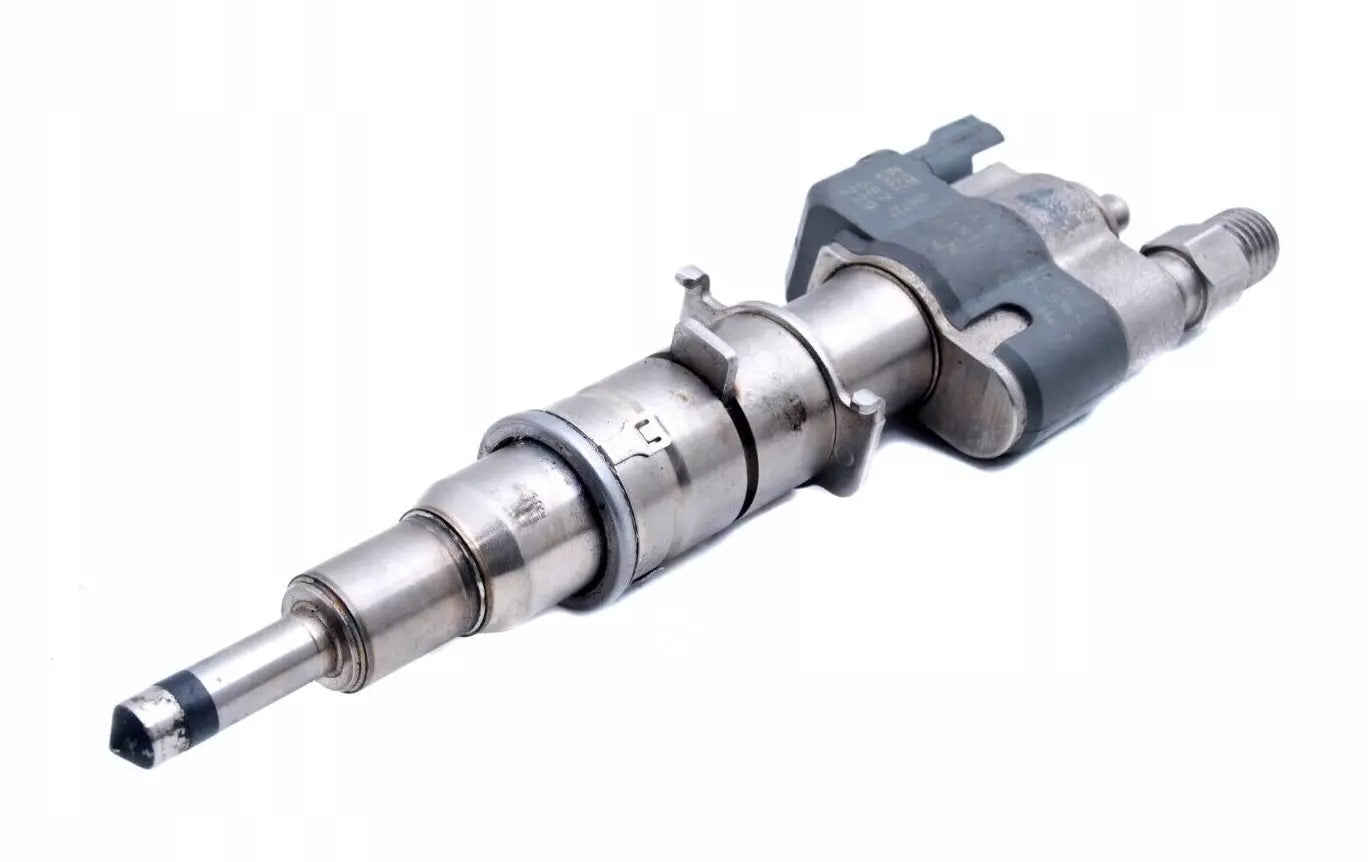 Genuine BMW fuel injector for N43 N53 engines, model 13537589048, showing the detailed nozzle and connector.