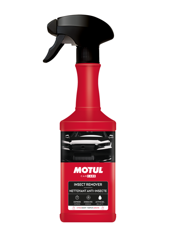 Motul Insect Remover 500ml bottle for vehicle detailing, with label showing product name and usage imagery.
