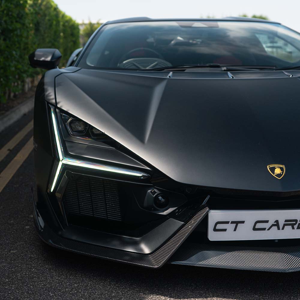 CT Carbon Lamborghini Revueltó full carbon fiber kit installed on the sports car, showcasing sleek, high-performance carbon fiber details.