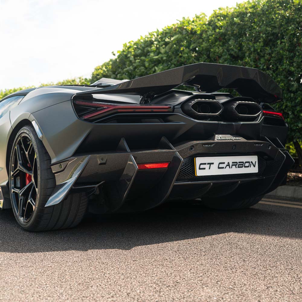 Lamborghini Revuelto full carbon fiber kit by CT Design, showing sleek carbon fiber components on the car.