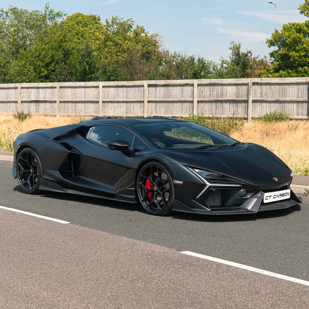 Lamborghini Revueltō full carbon fiber kit by CT Design displayed on a car with detailed carbon fiber components.