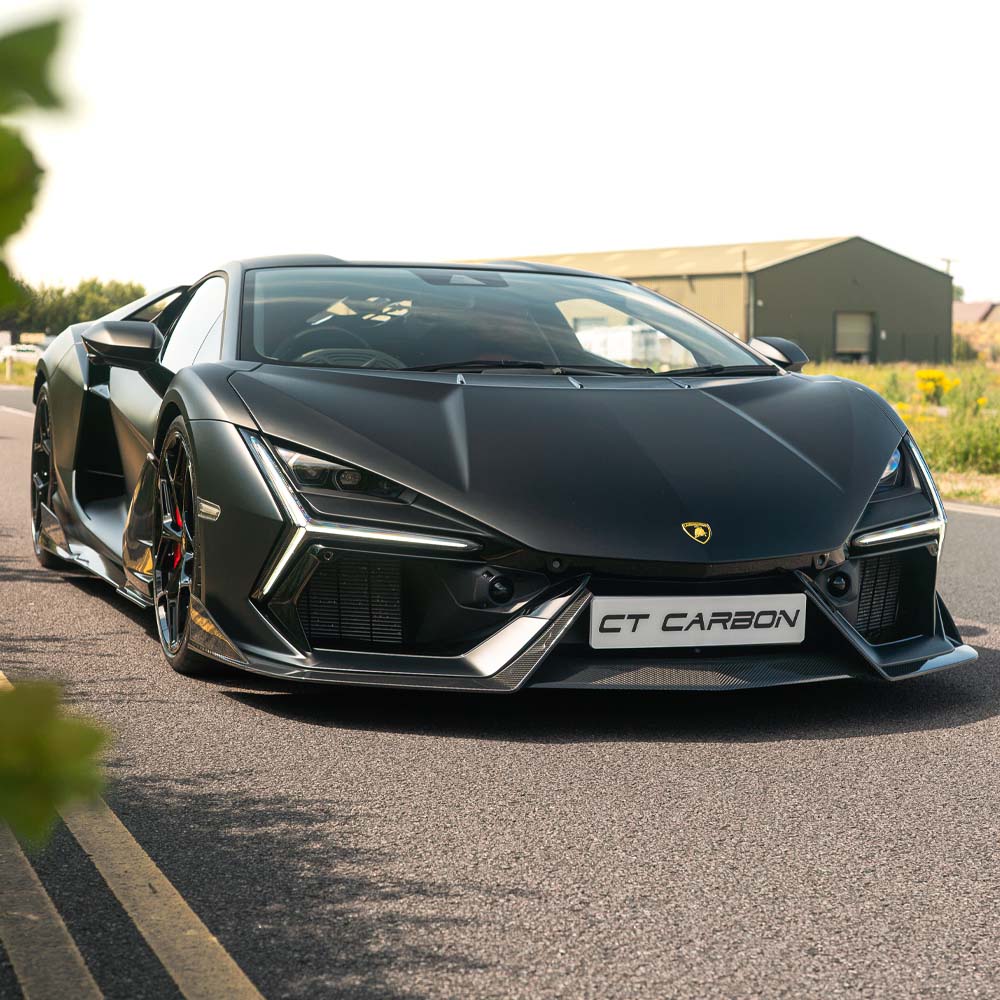 Lamborghini Revueltto full carbon fiber kit by CT Carbon, showing detailed views of the lightweight, aerodynamic body components.