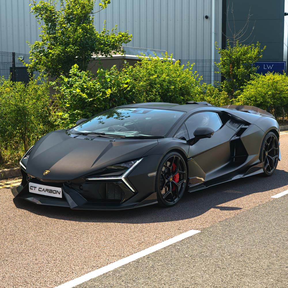 Lamborghini Revueltto full carbon fiber kit by CT Carbon, showing close-up of sleek carbon fiber components and detailed craftsmanship.