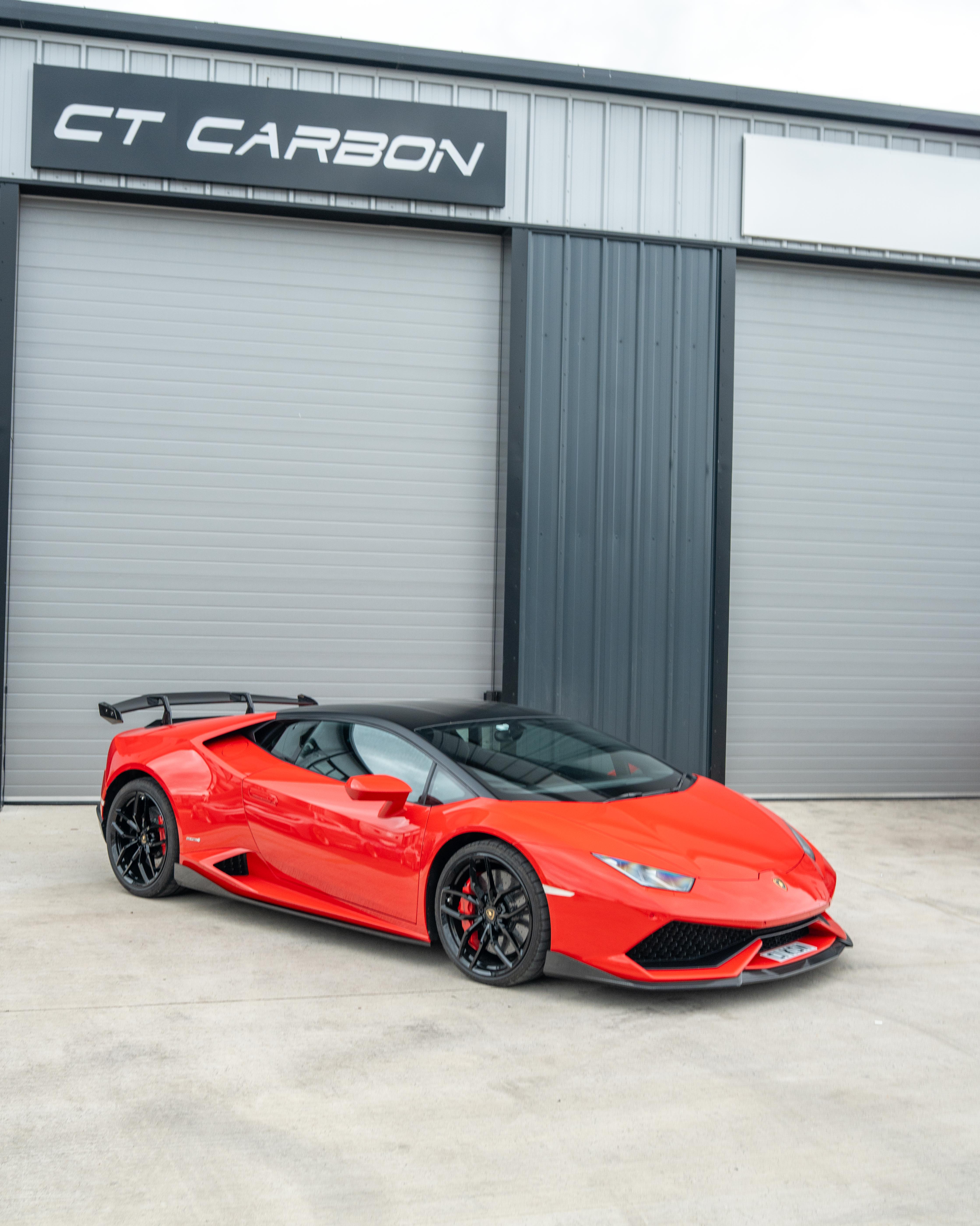Lamborghini Huracan LP-610 carbon fiber splitter by CT Design, showing the sleek, aerodynamic front splitter for the sports car.