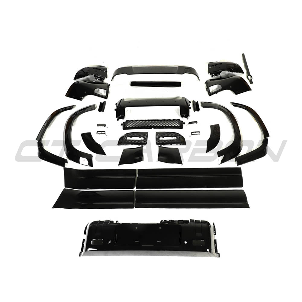 CT Carbon Land Rover Defender L663 110 wide arch kit in glossy black, featuring wide arch extensions and sleek styling details.