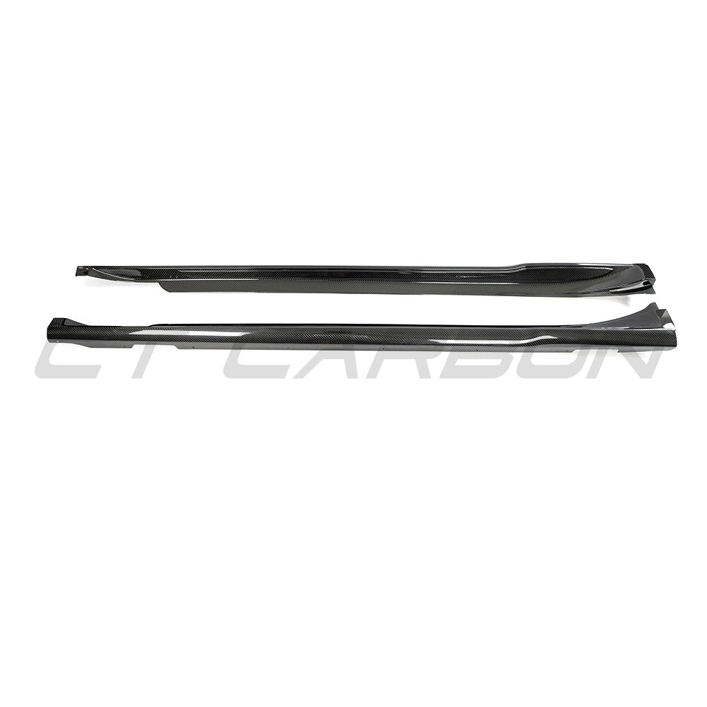 CT Carbon Porsche Taycan 2020-2024 carbon fibre side skirts, close-up view showing sleek, lightweight design and textured finish.