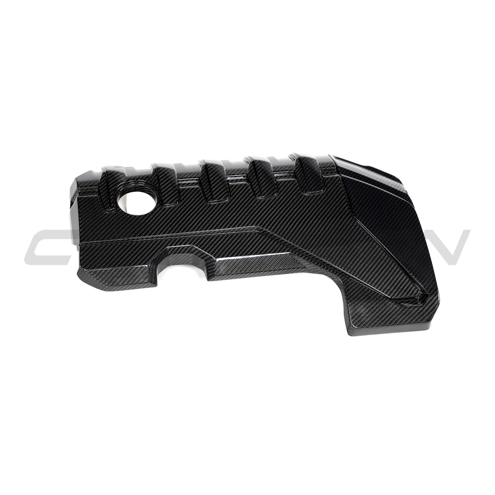 CT Carbon carbon fiber engine cover for Audi RS3 8Y 2020+ car engine bay, showcasing sleek, textured carbon fiber surface.