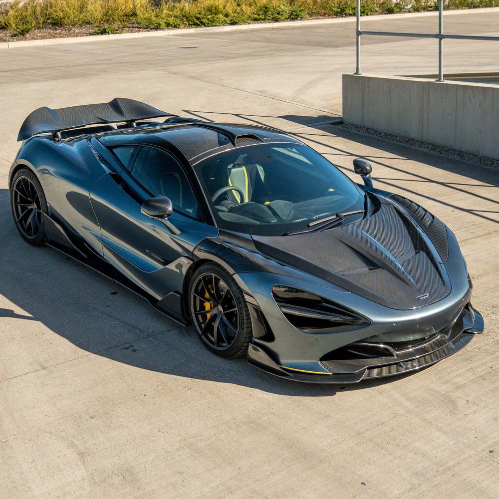 Carbon fiber roof scoop for McLaren 720S by CT Design, shown installed on the car's roof with textured black finish.