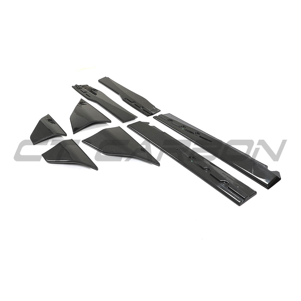 MCLAREN 720S carbon fibre side skirts by CT Design, showing sleek aerodynamic design and detailed carbon fibre finish.