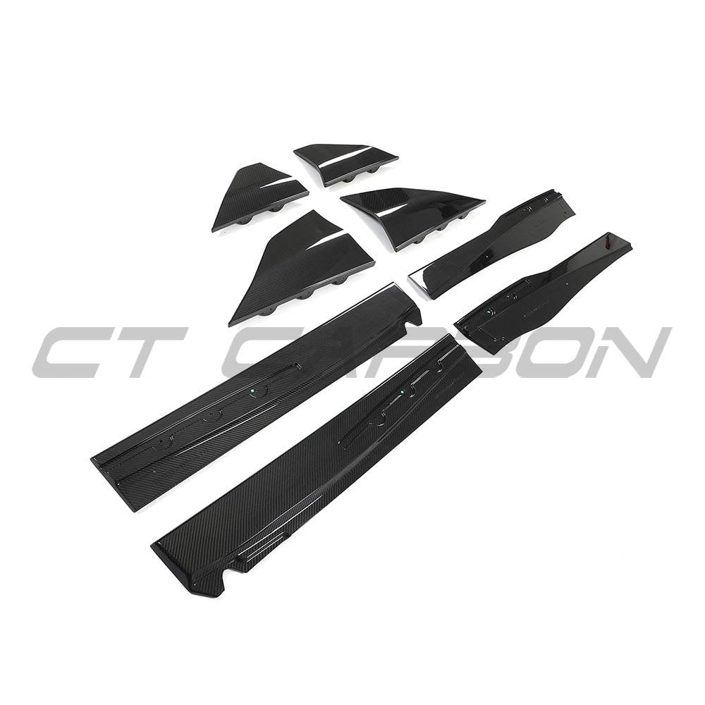 Carbon fiber side skirts for McLaren 720S by CT Design, featuring sleek, aerodynamic styling and high-performance material.