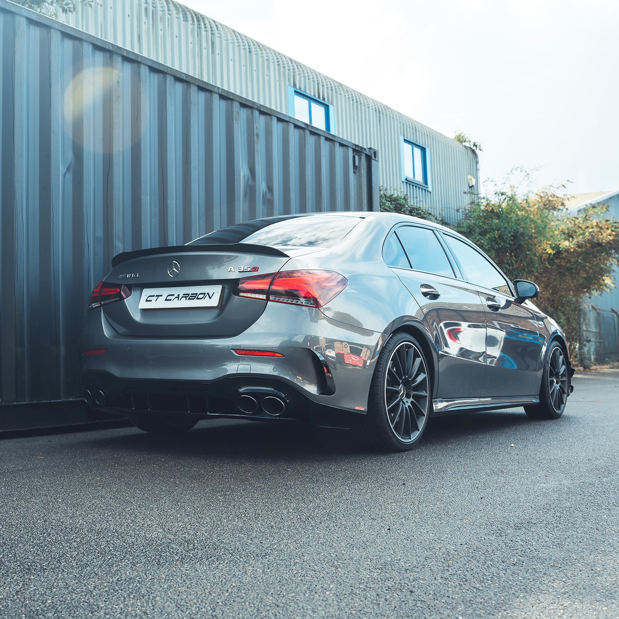 Gloss black spoiler for Mercedes A-Class Saloon V177 2018+ by CT Carbon, shown installed on the vehicle.