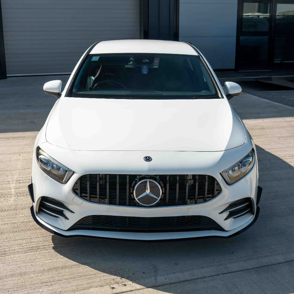 Mercedes A-Class V177/W177 2018-2022 CT Carbon gloss black splitter with canards for improved aerodynamics and sporty look.