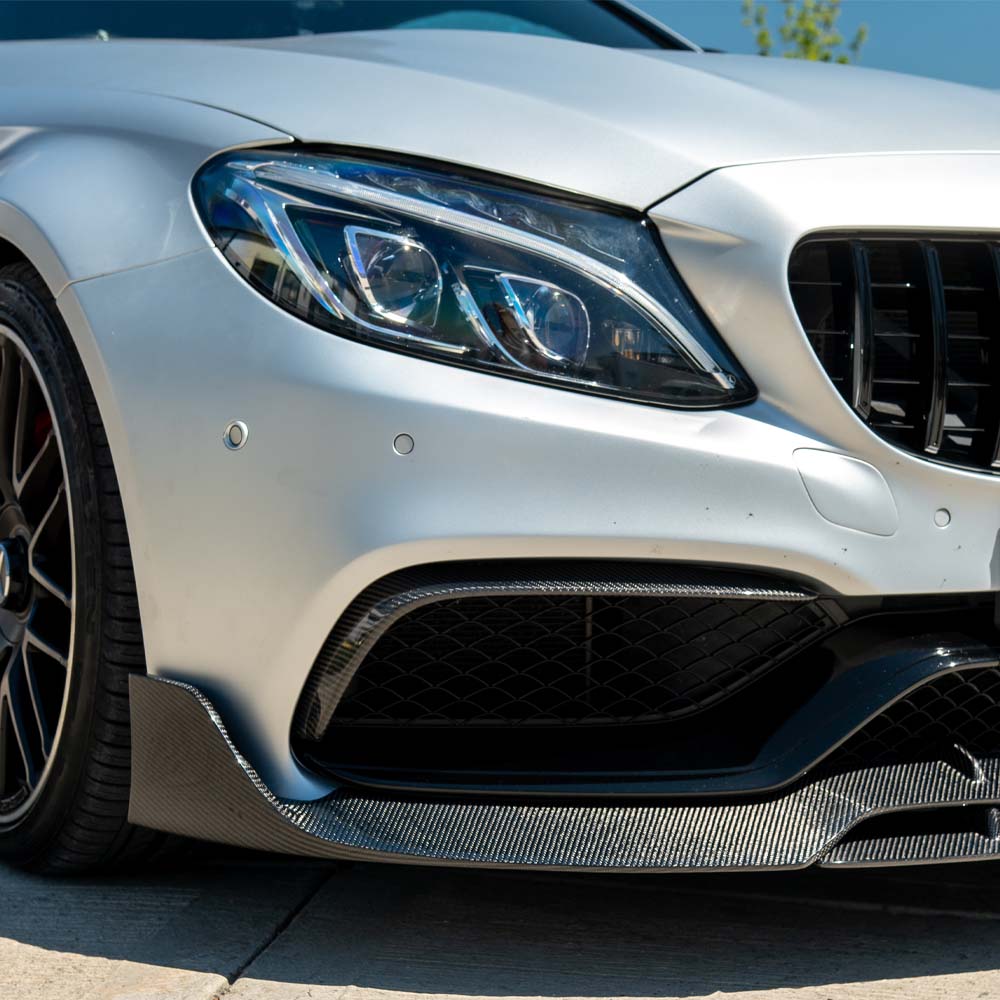 Carbon fiber splitter for Mercedes C63 W205 Coupe by CT Carbon, V2 style, enhancing the front aerodynamic design.