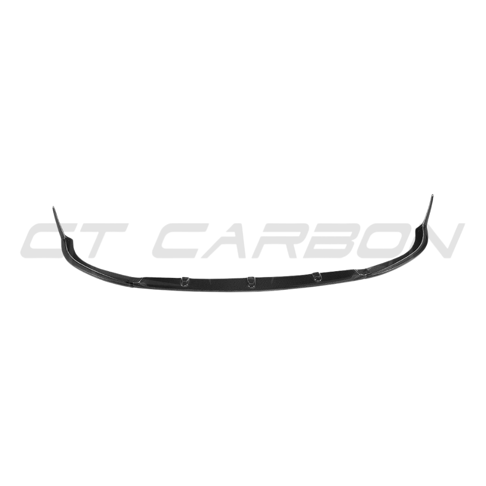 Mercedes C63 W205 coupe/convertible CT Carbon V1 carbon splitter with ED1 style, mounted on front of sporty luxury car.