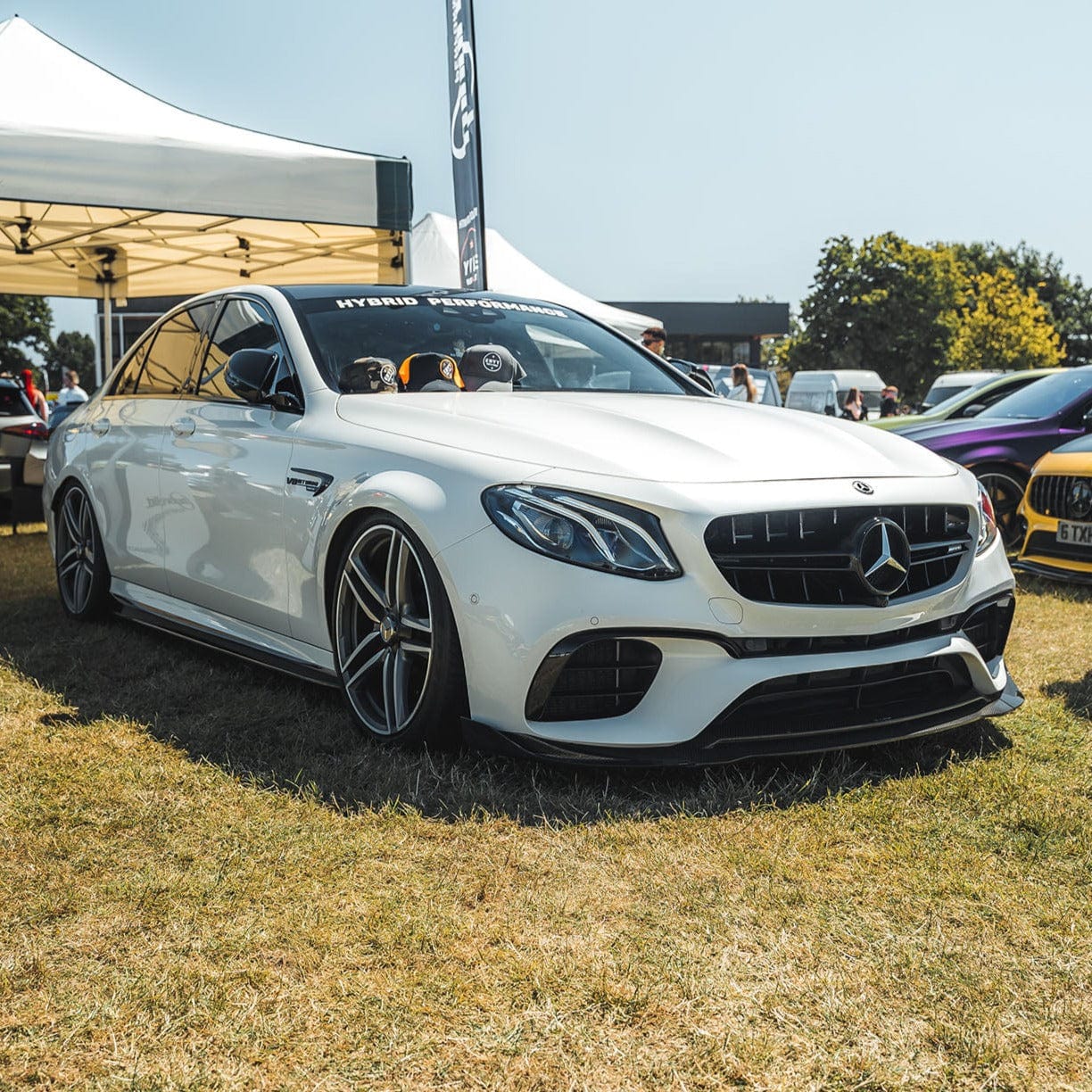 Mercedes E63 W213 2018-2020 CT Carbon full carbon fiber kit installed on the car, showcasing sleek, lightweight carbon fiber accents.