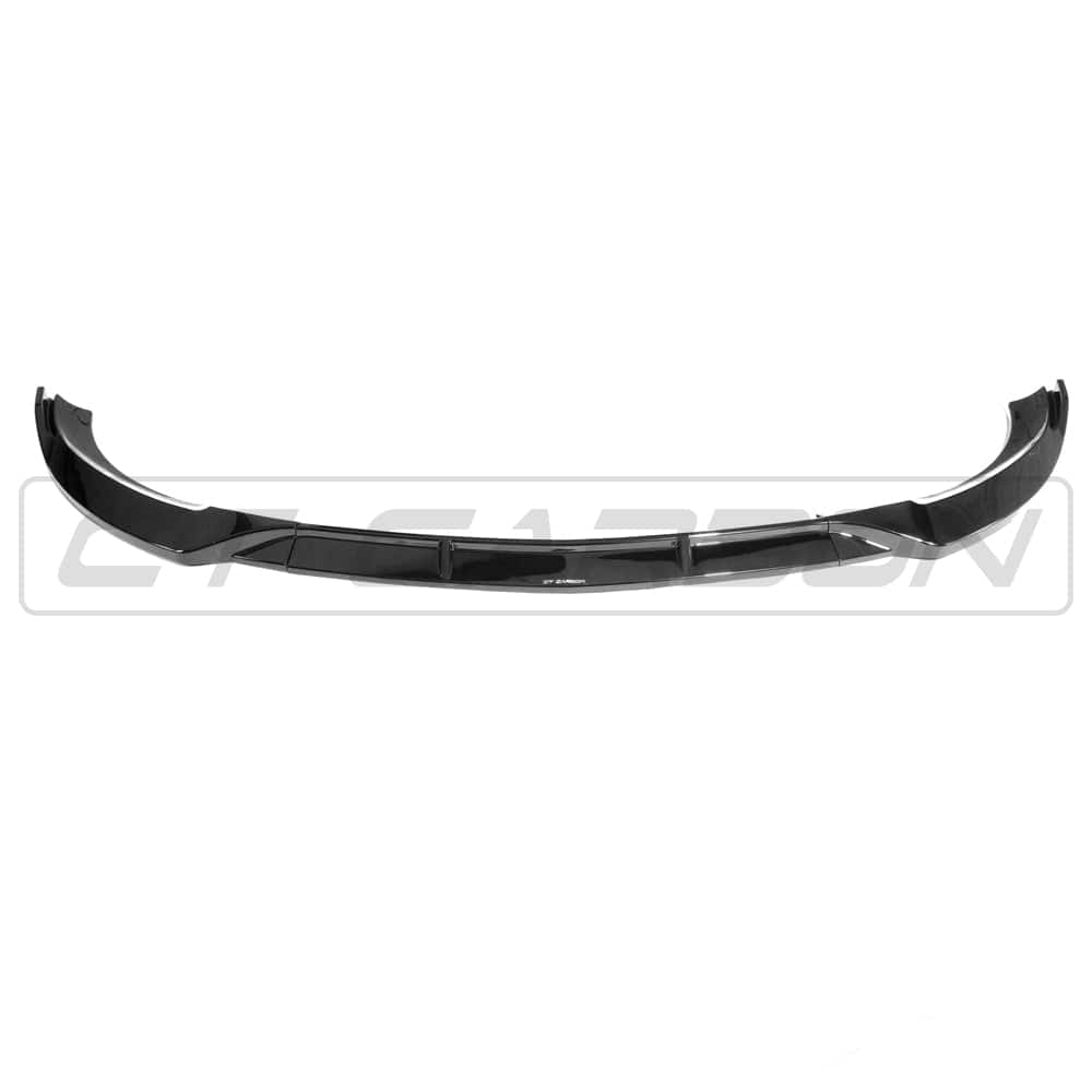 Mercedes W213 and C238 2017-2020 E-Class CT Carbon gloss black splitter installed on front bumper, showcasing sleek and aerodynamic design.