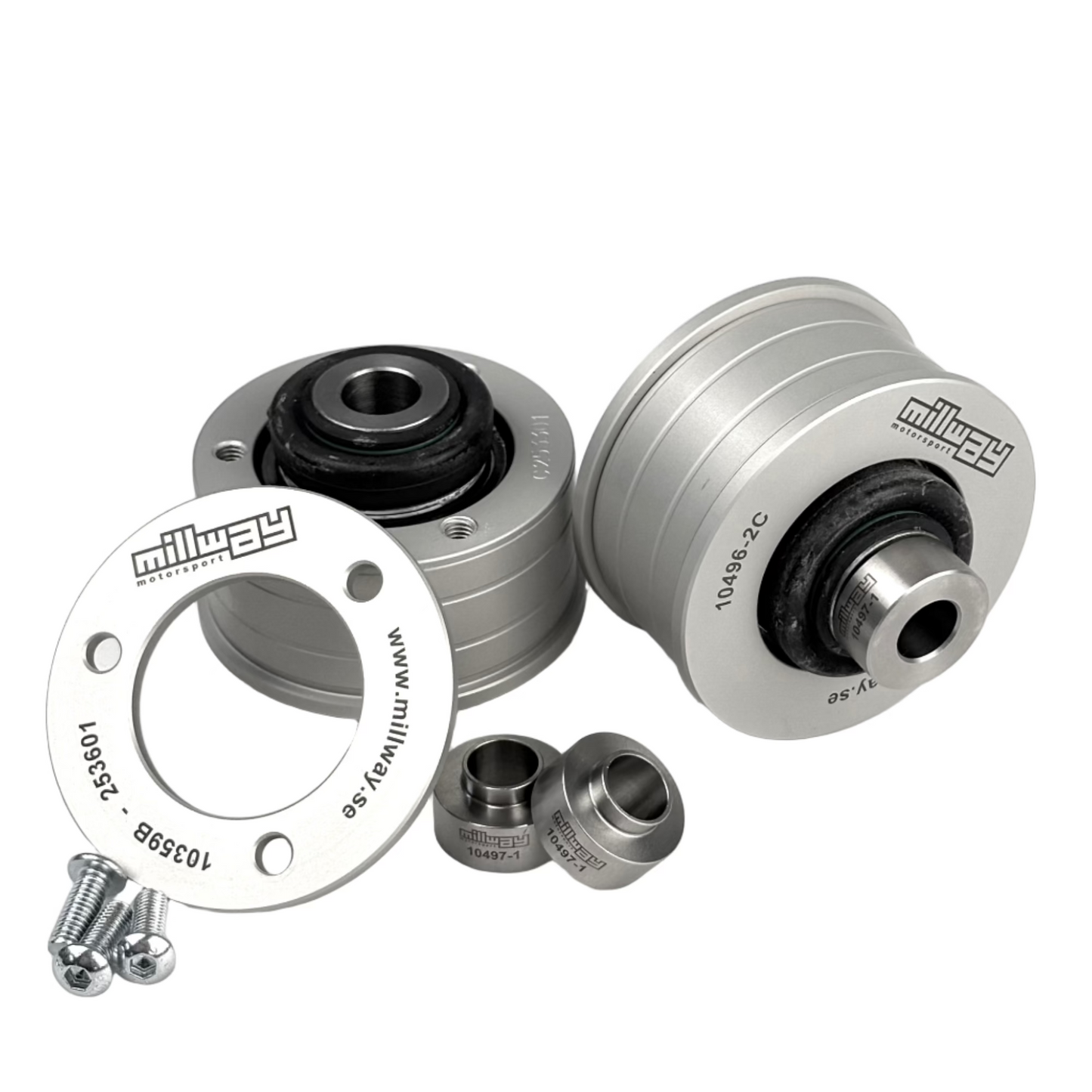 Millway Motorsport front control arm bushing for BMW F8X M2 M3 M4, street performance suspension part, close-up of black rubber bushings