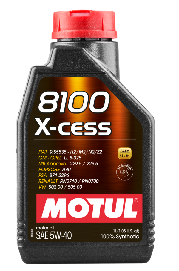 Motul 8100 X-Cess 5W-40 engine oil bottle, 1 liter container with label displaying product details and brand logo.