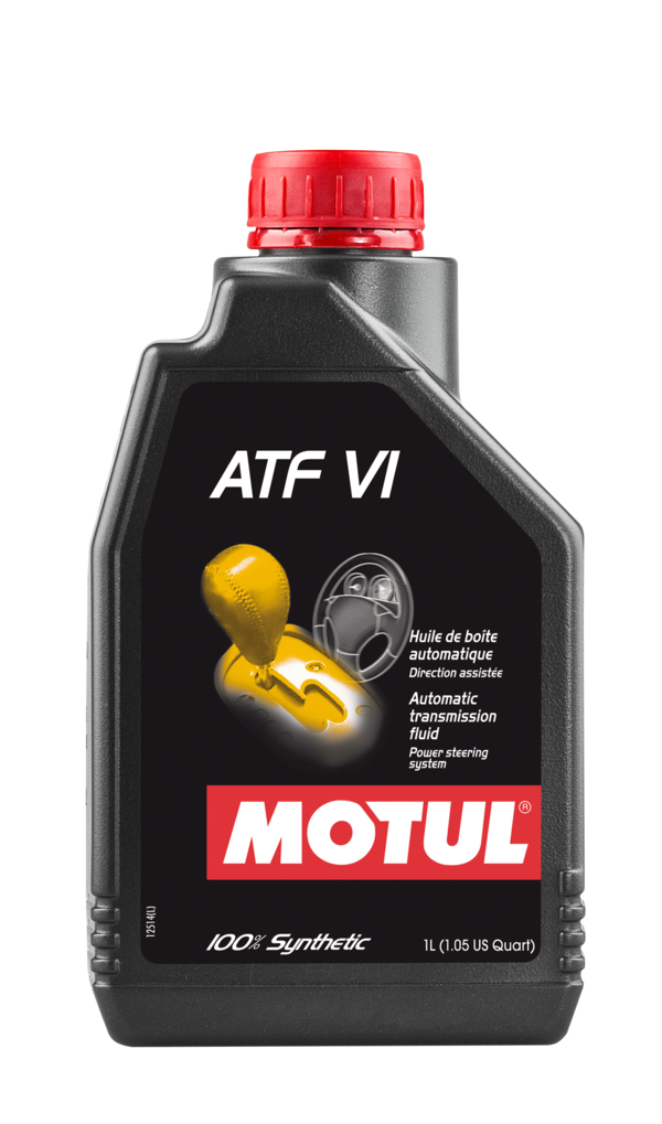 Motul ATF VI synthetic gearbox fluid bottle, 1 liter, designed for automatic transmissions and gearboxes.