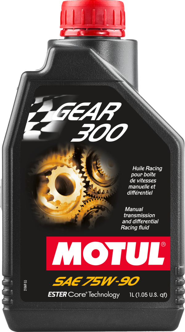 Motul Gear 300 synthetic gearbox fluid 75W-90 in a 1-liter container, designed for smooth gear shifting and gear protection.