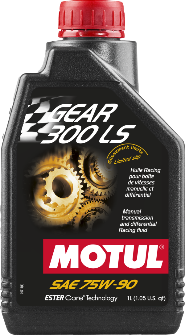 Motul Gear 300 LS synthetic gearbox fluid 75W-90 in a 1-liter container, designed for smooth gear operation and protection.