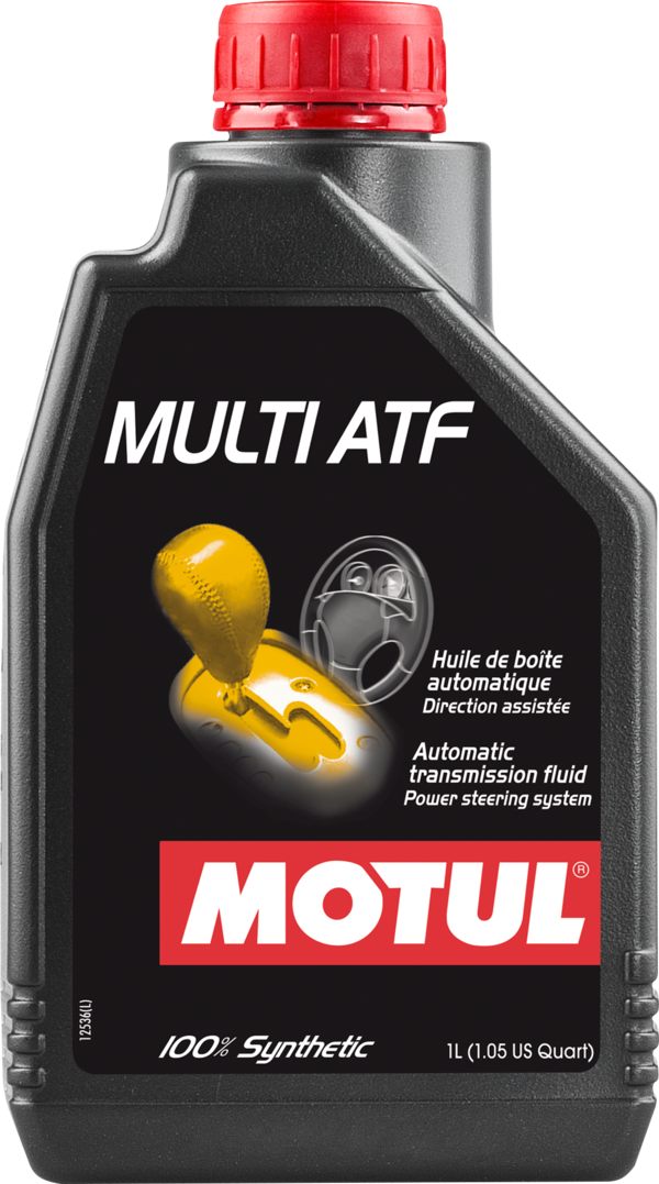 Motul Multi ATF synthetic automatic transmission and power steering fluid in 1-liter container, ideal for gearbox lubrication.