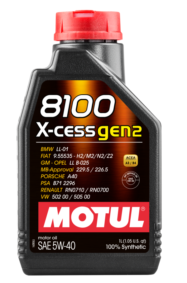 Motul 8100 X-Cess Gen2 5W-40 engine oil bottle with label, featuring a sleek black and red design.