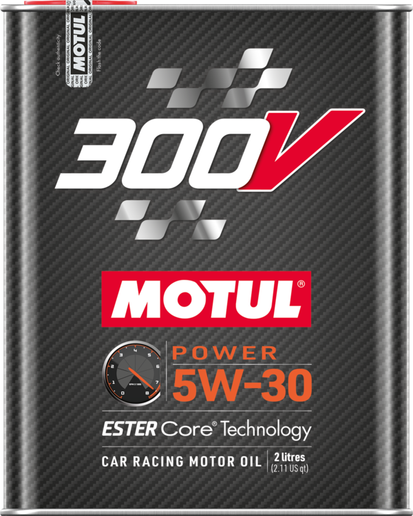 Motul 300V Power 5W-30 engine oil container, 2-liter bottle, high-performance synthetic motor oil for engines.