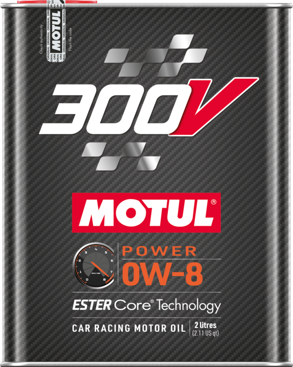 Motul 300V Power 0W-8 engine oil 2-liter container showing the Motul brand label and product details.