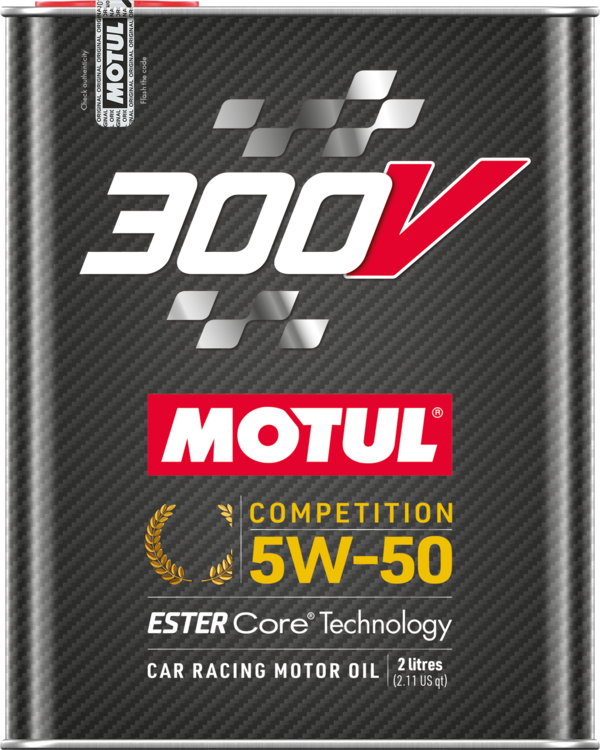 Motul 300V Competition 5W-50 engine oil bottle, 2 liters, high-performance motor oil for racing and high-speed engines