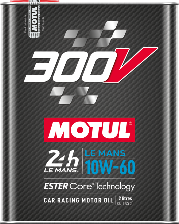 Motul 300V Le Mans 10W-60 engine oil container with label, 2-liter size for high-performance vehicle lubrication.