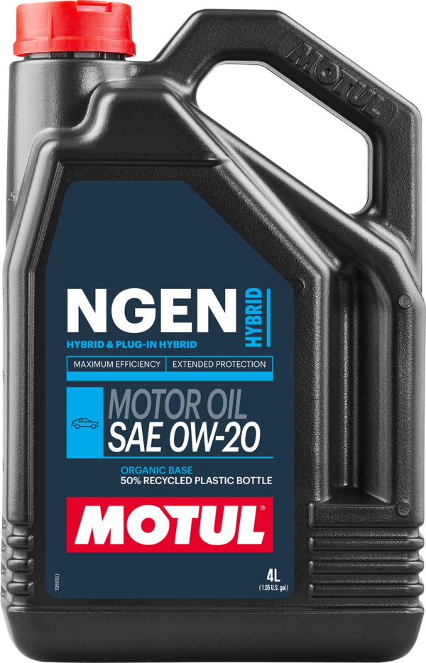 Motul NGEN Hybrid 0W-20 engine oil 4L bottle, suitable for hybrid vehicles, with detailed label and packaging visible.