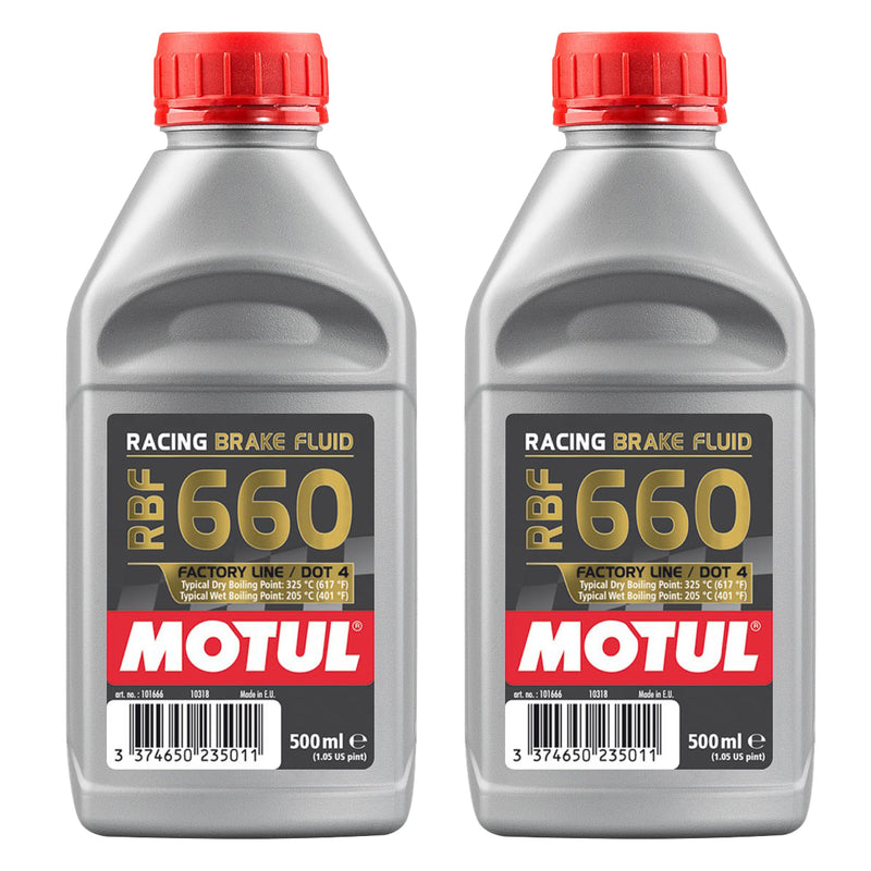 Motul RBF 660 Factory Line Dot 4 brake fluid 1L, two-pack, for high-performance vehicle braking systems.