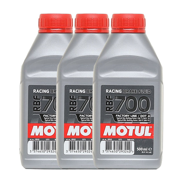 Motul RBF 700 Factory Line Dot 4 brake fluid 1.5L pack, showing three bottles of high-performance brake fluid for vehicles.