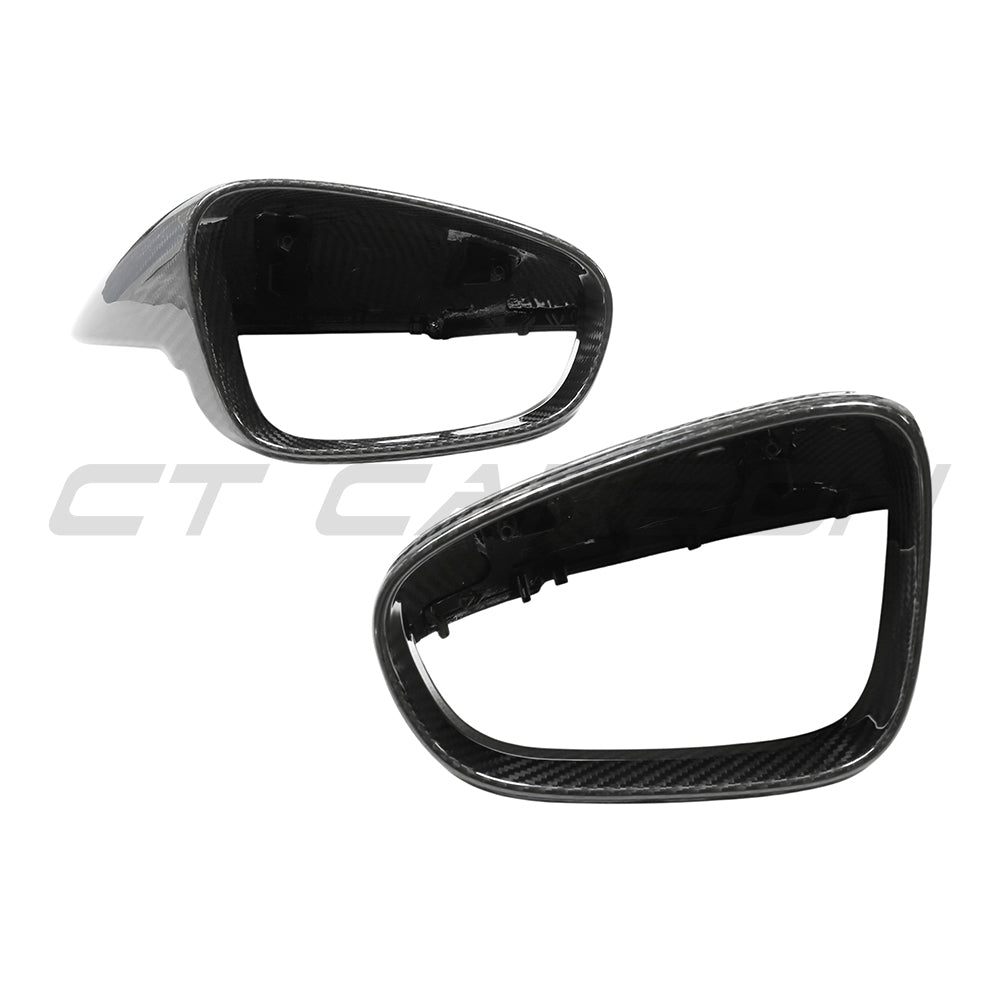 Porsche 911 992 Carbon Fibre Mirrors by CT Carbon, RHD only, showing sleek side view with carbon fibre finish on sporty car accessories.