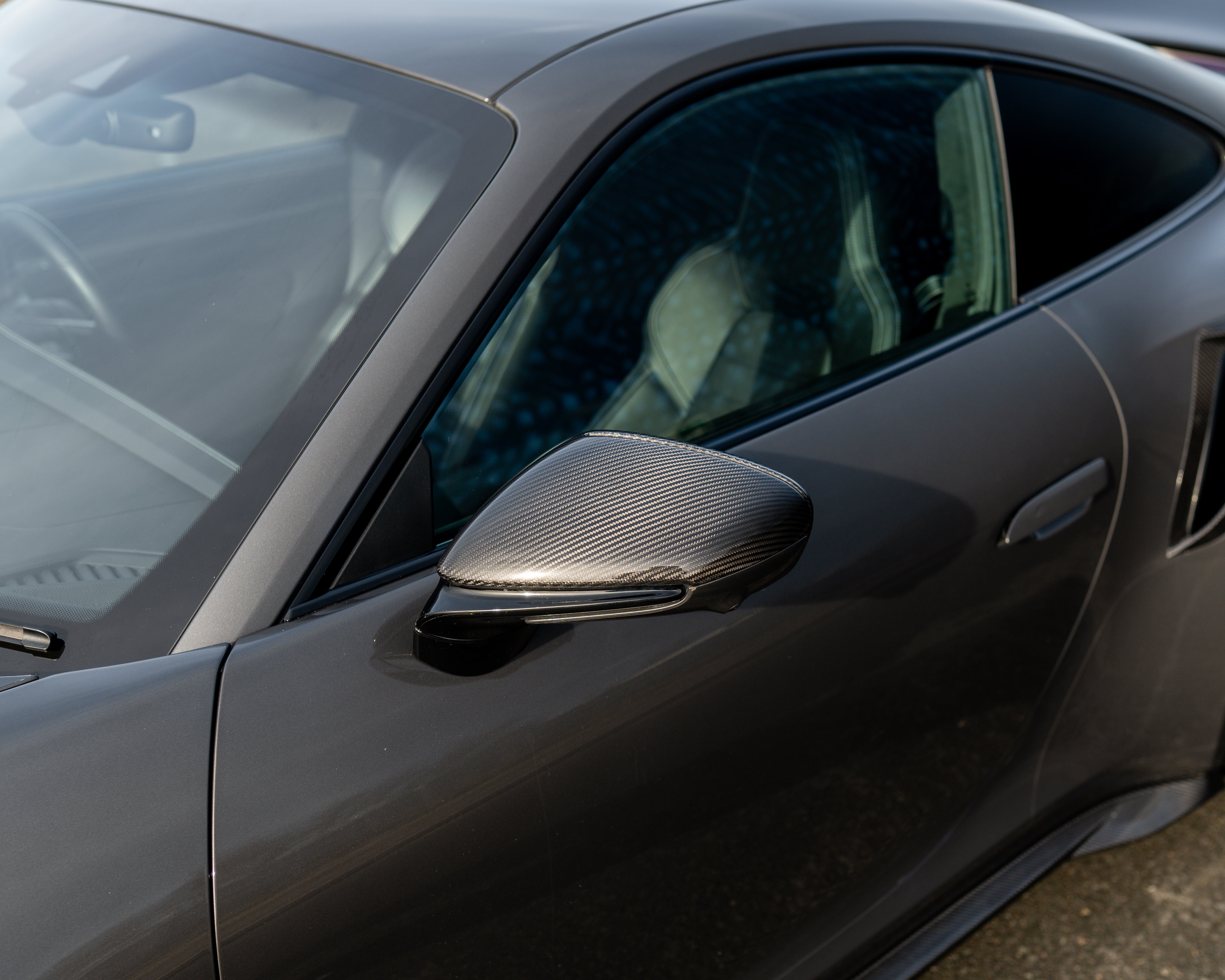 Porsche 911 992 CT Carbon fiber side mirrors for right-hand drive, sleek automotive accessories with a carbon fiber finish.