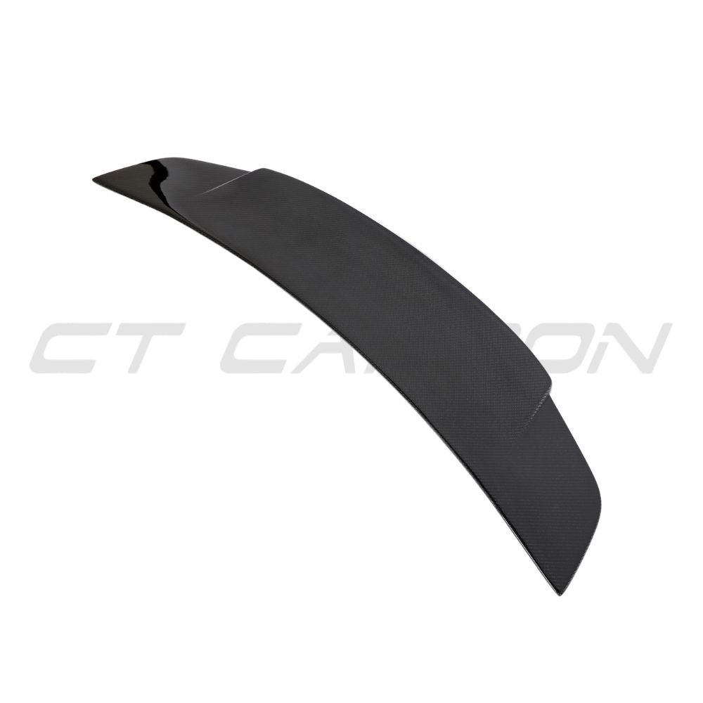 Porsche 911 (992) Turbo S carbon fiber spoiler by CT Design, showcasing its sleek aerodynamic design on the car.