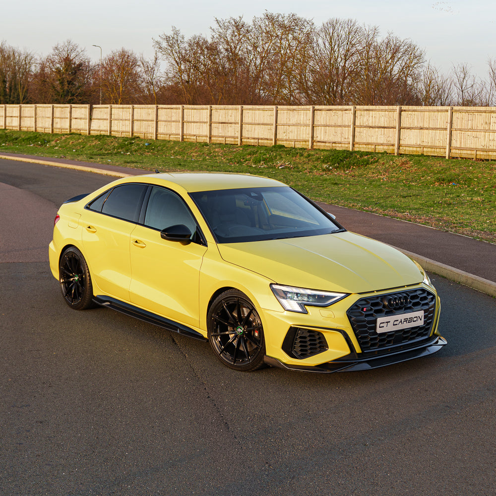 Python Yellow Audi A3 S3 8Y saloon with CT Carbon V3 full carbon fibre kit, showing detailed exterior components.