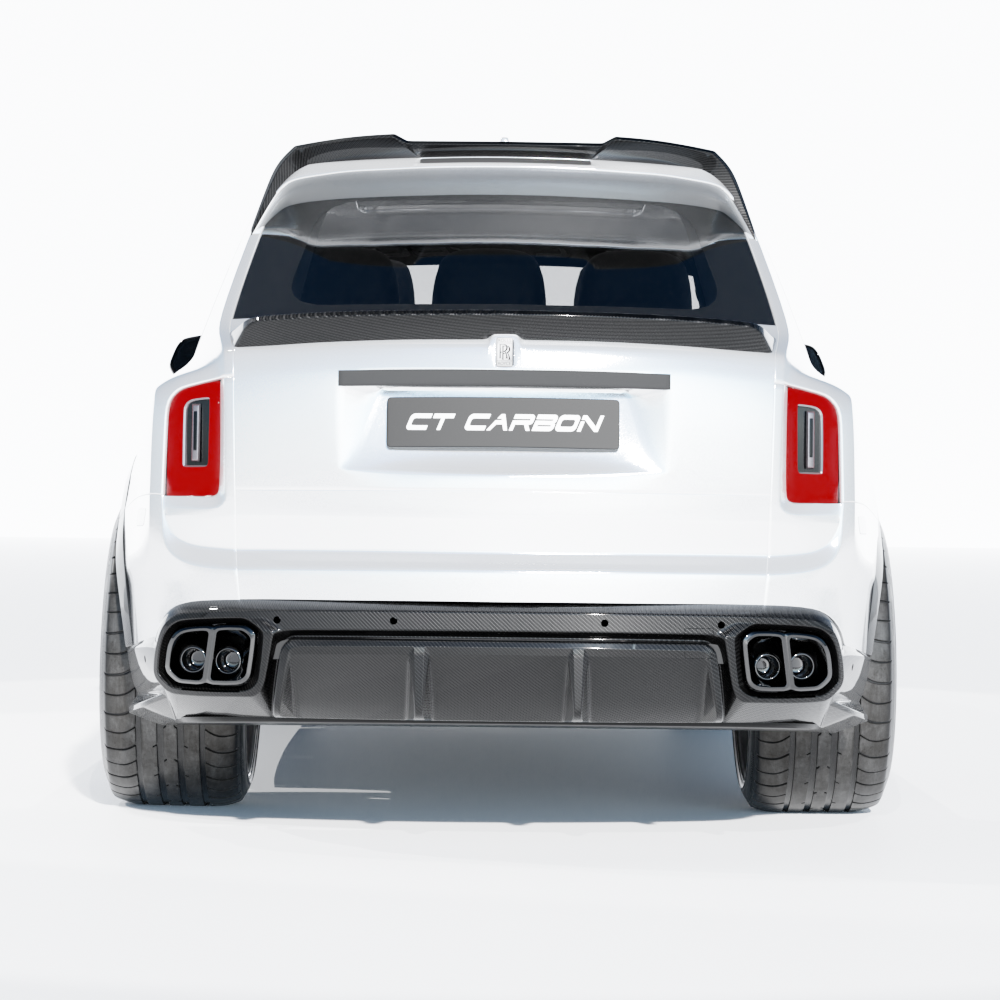 Rolls Royce Cullinan carbon fibre middle spoiler by CT Carbon, showcasing aerodynamic design and sleek black finish.