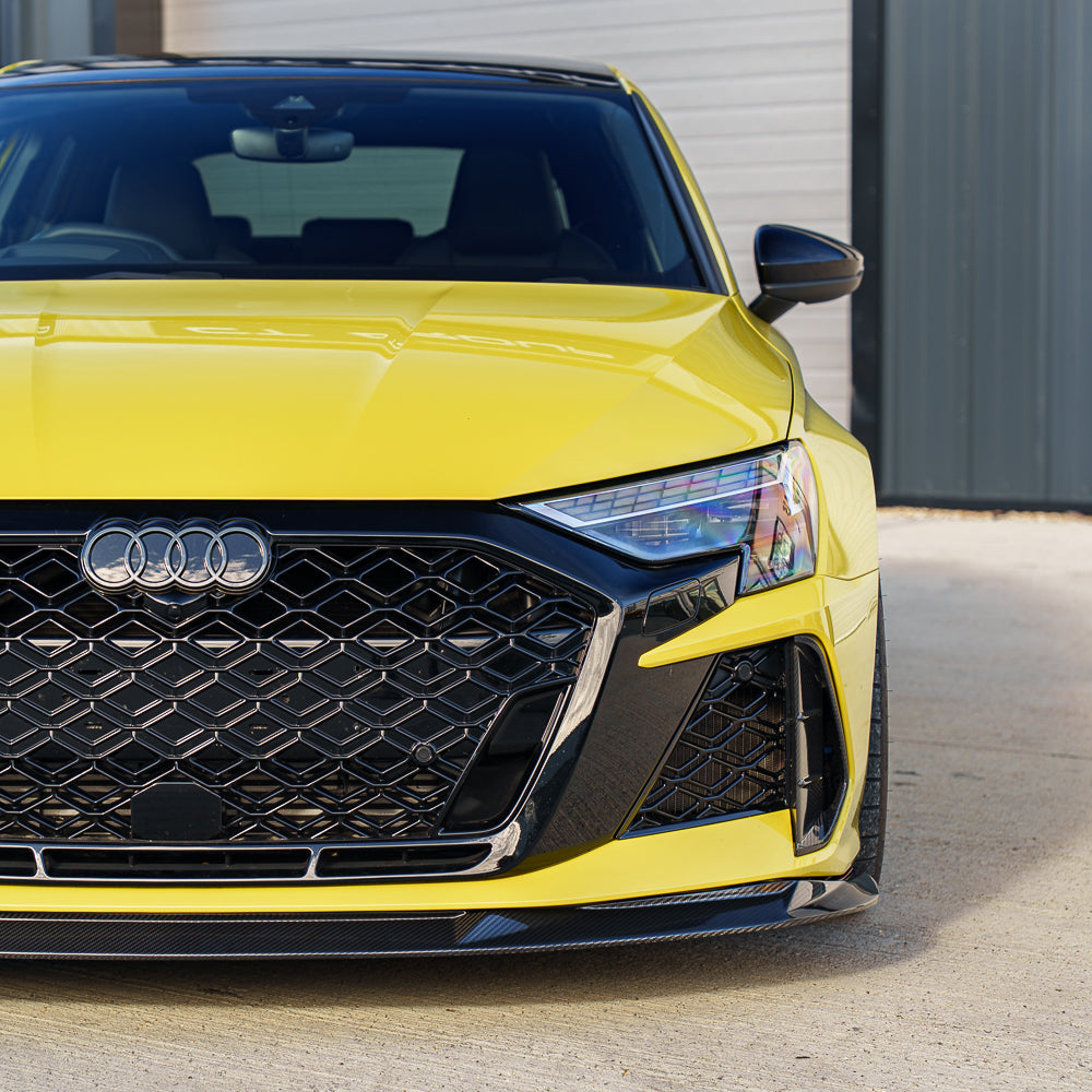 Audi RS3 8Y 2025+ carbon fibre splitter by CT Design V2, featuring sleek aerodynamic design and high-quality carbon fiber finish.