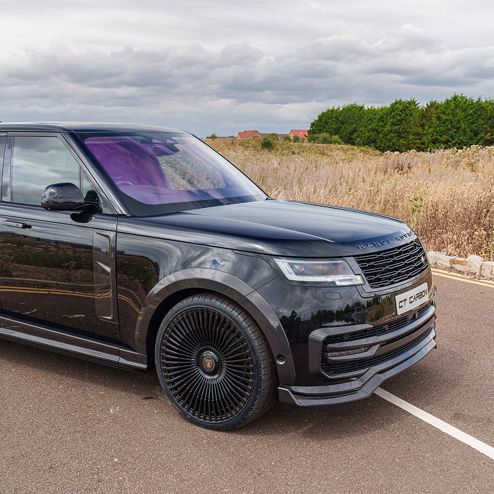 Range Rover L460 2022+ CT Carbon fiber front bumper trim accessory, close-up view highlighting sleek carbon fiber finish.