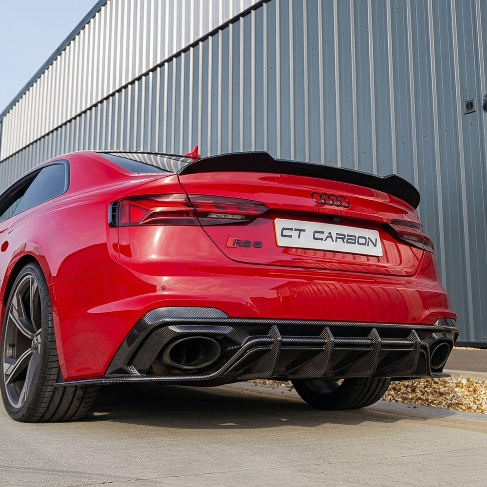Carbon fiber diffuser for Audi RS5 B9.5 Sportback and Coupe 2020-2025 by CT Design, featuring a sleek, aerodynamic design.