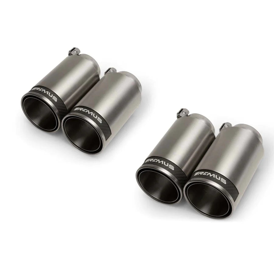 Remus - Stainless Steel 98mm Street Race Exhaust Tips With Carbon Fibre Inserts (Set of 4) - Nineteen72 Performance