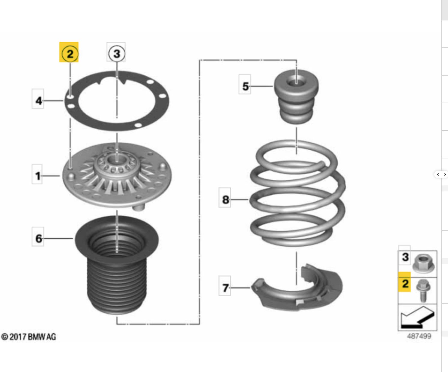 Genuine BMW F8X M2, M3, M4 strut top mount bolts kit with metal bolts and hardware for suspension assembly.