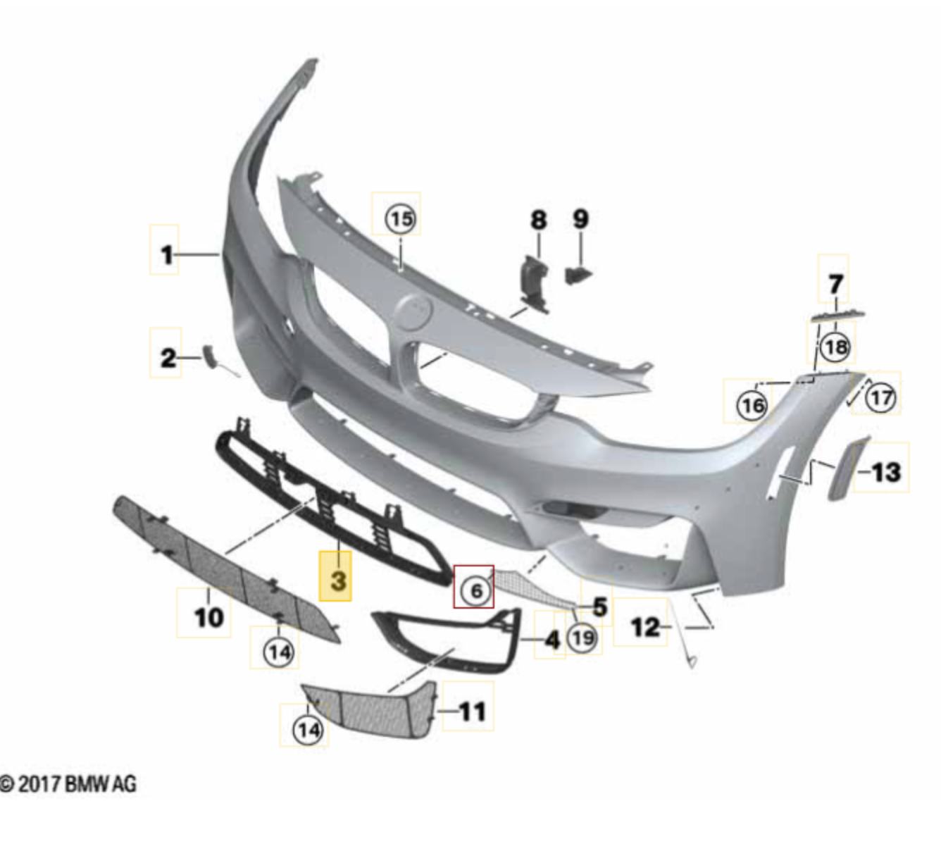 Diagram of car bumper parts with labels on a white background