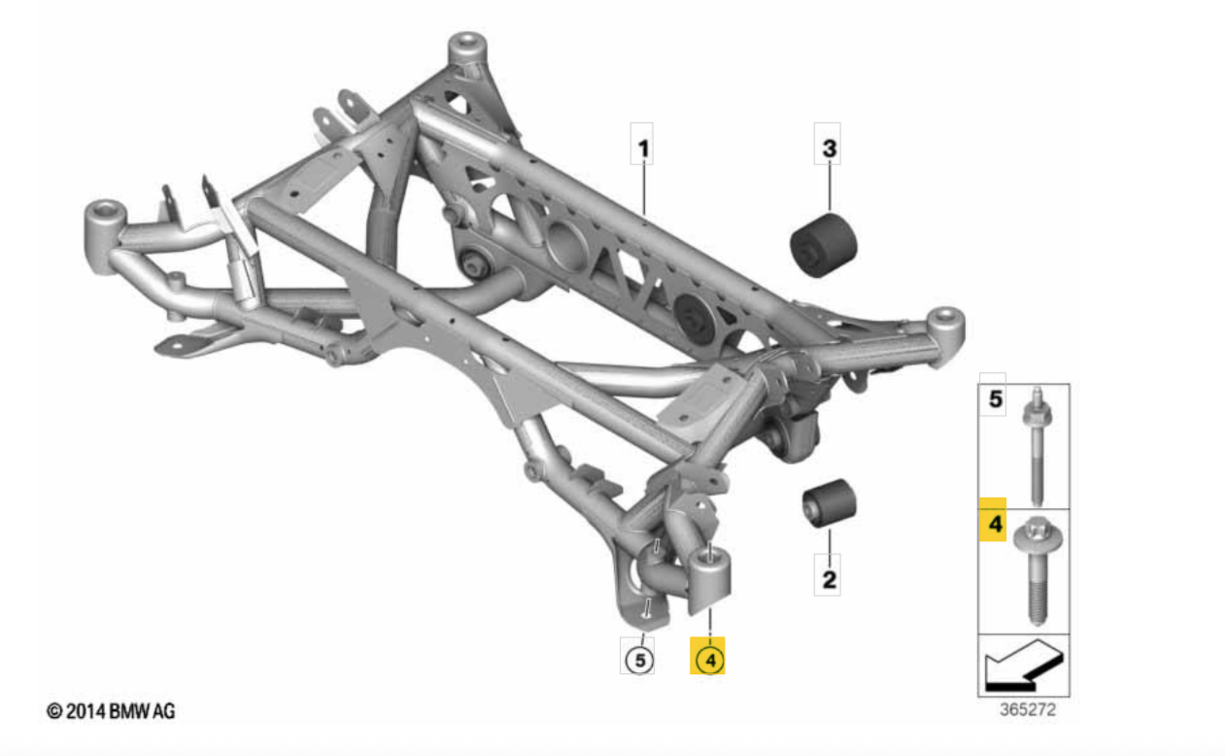 Genuine BMW rear subframe bolts for G8X and F8X M2, M3, M4 models, showing close-up of the revised bolts for vehicle stability.